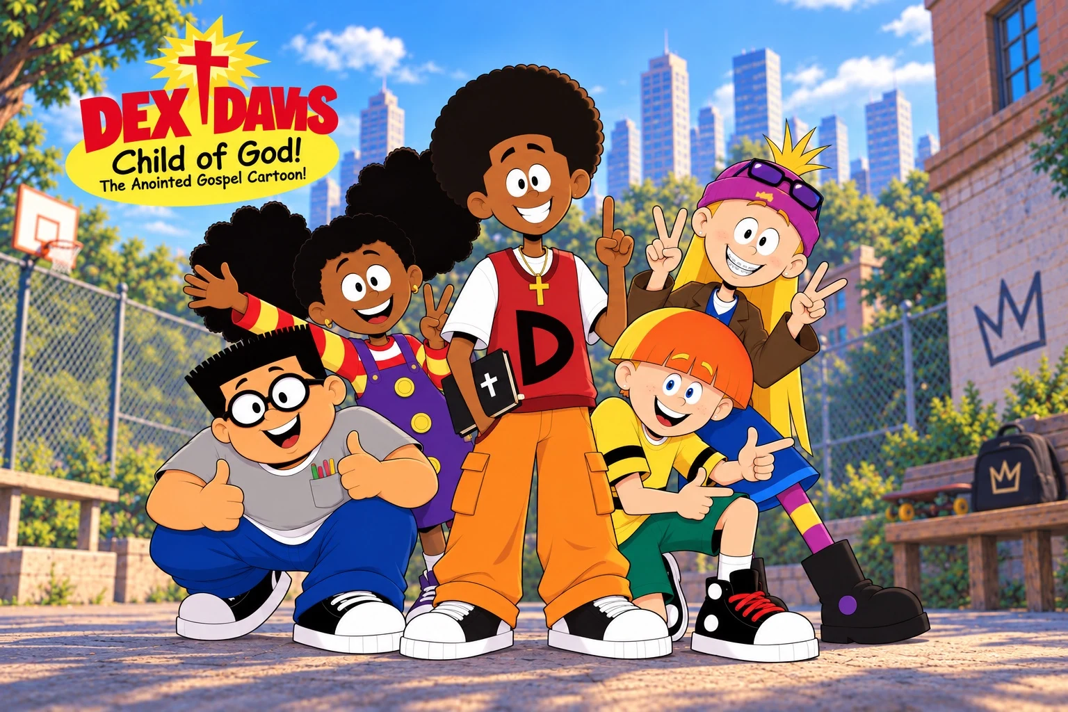 Dex Davis and his friends together on the basketball court